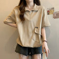 Large size women's clothing spring and summer new solid color casual and thin versatile lapel zipper short-sleeved t-shirt