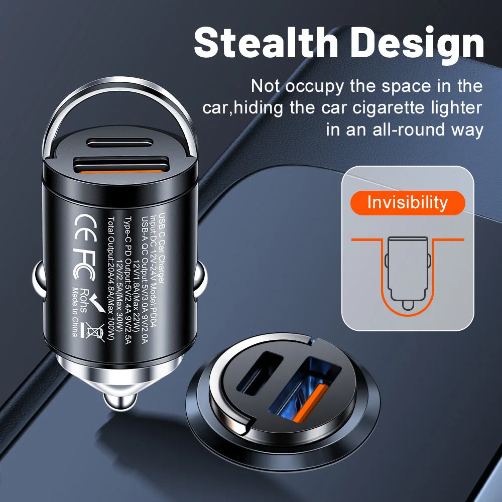 100W Mini Car Charger Dual Port PD Type C & QC USB A Fast Charging Adapter Flush Fit Stealth Pull Ring For 12V 24V Vehicles