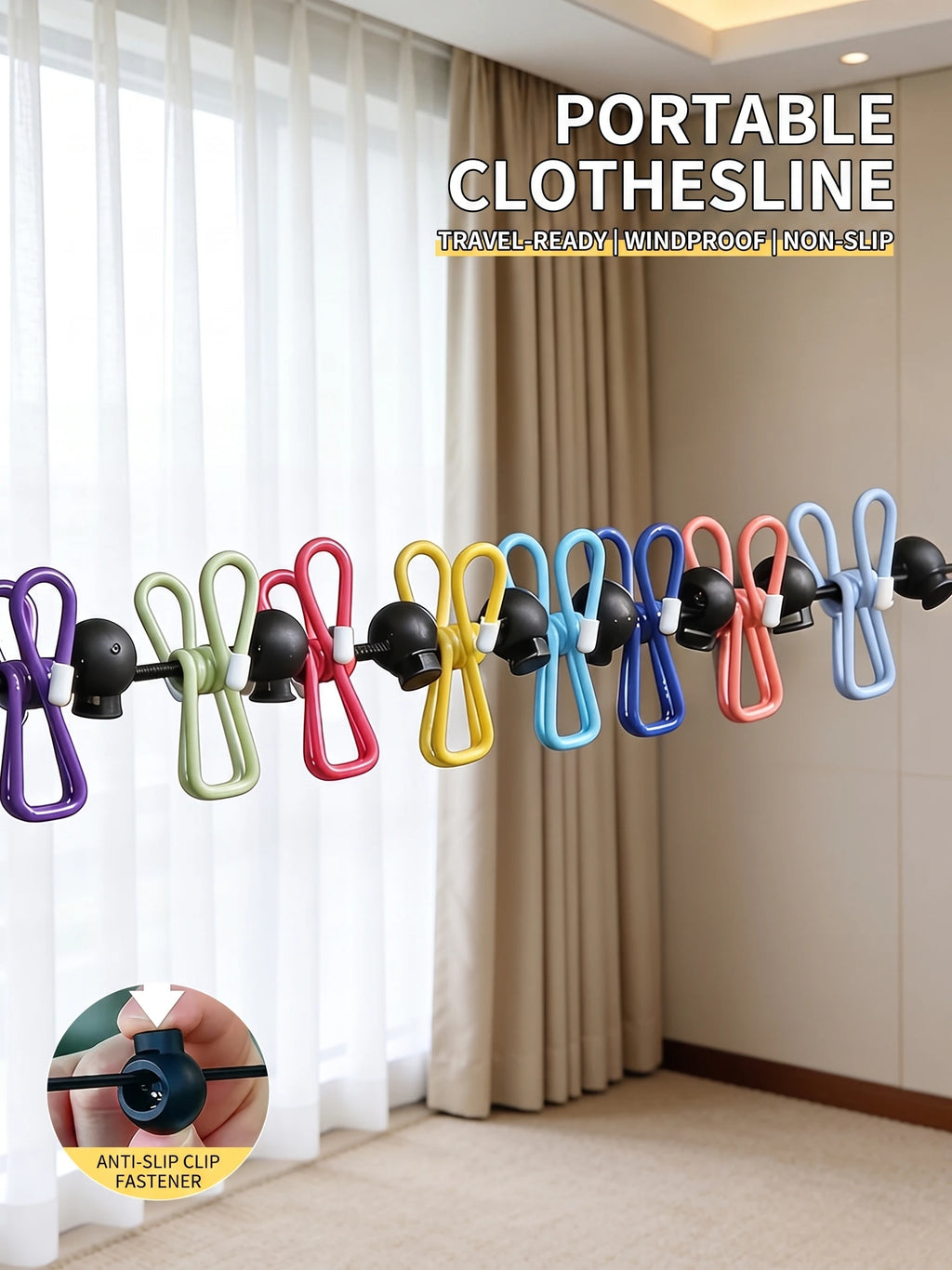 Travel Clothesline Clothes Line with 12 Clothes Clips Corde a Linge Voyage Camper Essentials for Travel/Courtyard/Balcony/Hotel