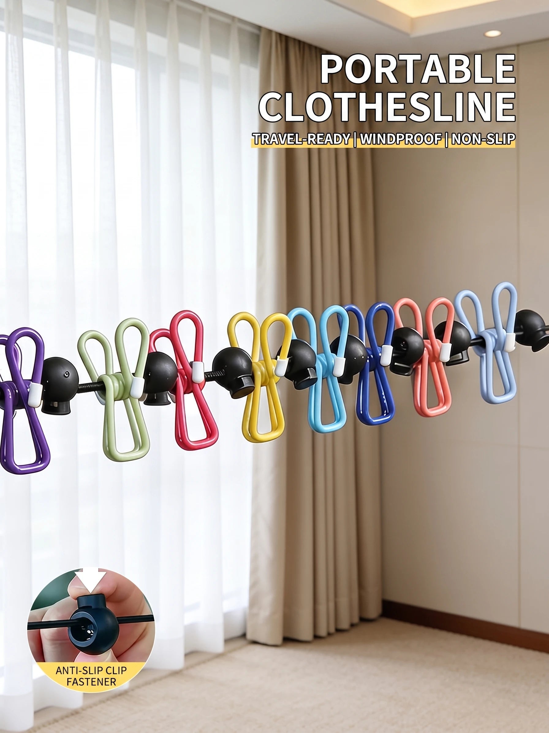 Travel Clothesline Clothes Line with 12 Clothes Clips Corde a Linge Voyage Camper Essentials for Travel/Courtyard/Balcony/Hotel
