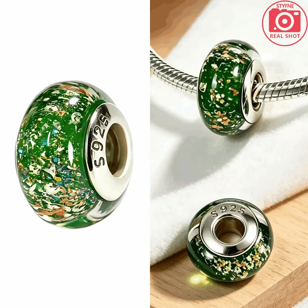 Silver-Plated Red White Stripe Glass Charms Beads Fit Original Bracelet Bag Keychain Charms Beads Pendant Diy Women Jewelry Gift