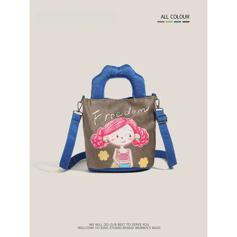 2026 New Trendy Illustration Design Canvas Bucket Bag for Women Cute Funny Ugly Cute Shoulder Crossbody Handbag
