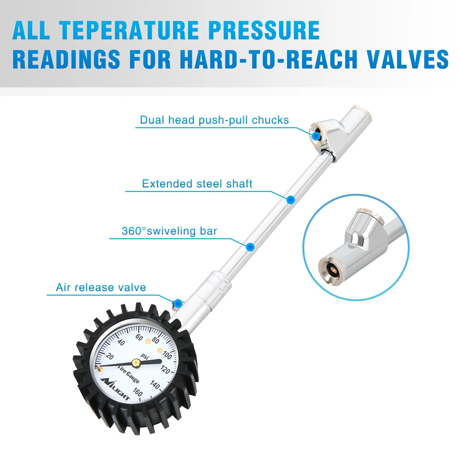 Nilight Tire Pressure Gauge 160PSI Heavy Duty Stainless Steel Dual Head Air Pressure Chucks ANSI B40.1 Certified Large 2" Dial Wheel Checker for Truck Semi Truck ATV Motorhome Cars & RV Accessories