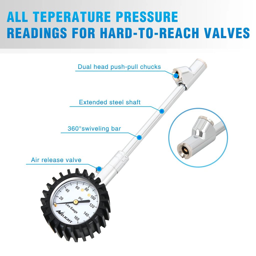 Nilight Tire Pressure Gauge 160PSI Heavy Duty Stainless Steel Dual Head Air Pressure Chucks ANSI B40.1 Certified Large 2" Dial Wheel Checker for Truck Semi Truck ATV Motorhome Cars & RV Accessories