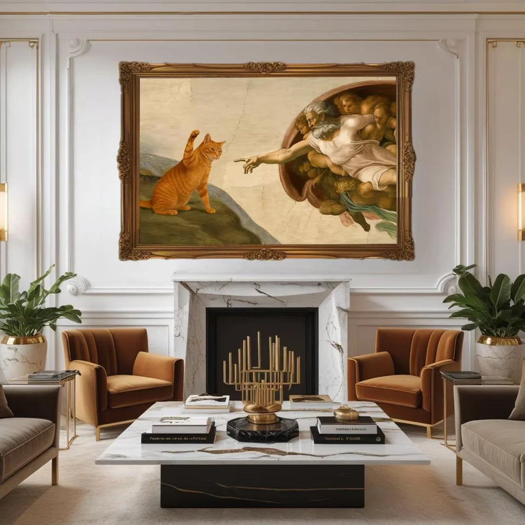 "Whimsical 'Creation of Adam' with Orange Cat Wall Print Decor - Classic Art Parody Poster for Eclectic Living Room, Quirky