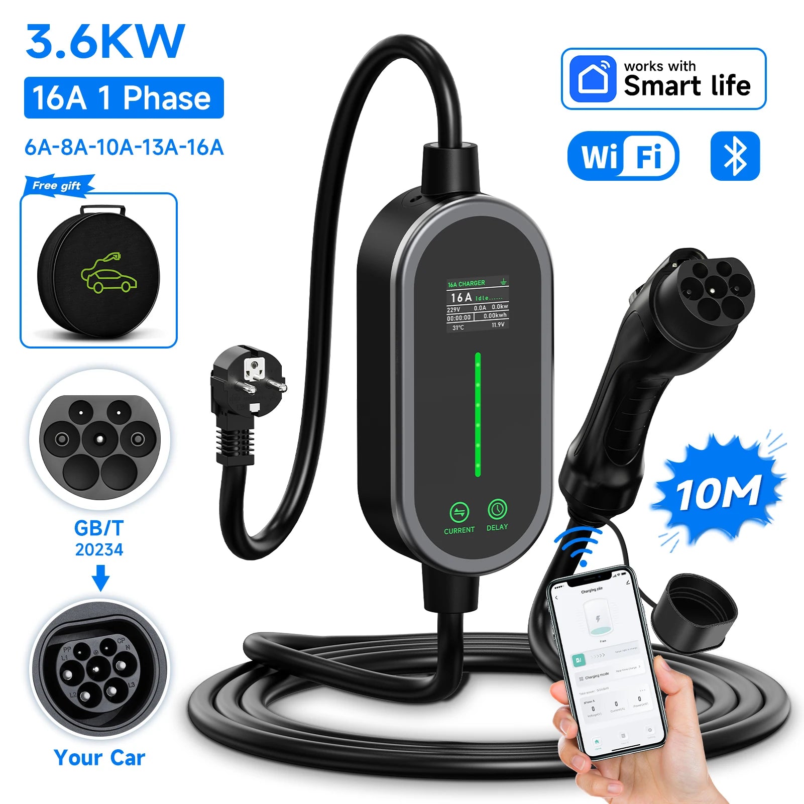 AFYEEV 3600W Portable Type2 IEC62196-2 EV Charger Type1 SAE J1772 Electric Car Charger GBT EVSE Charging Cable Wallbox EU Plug