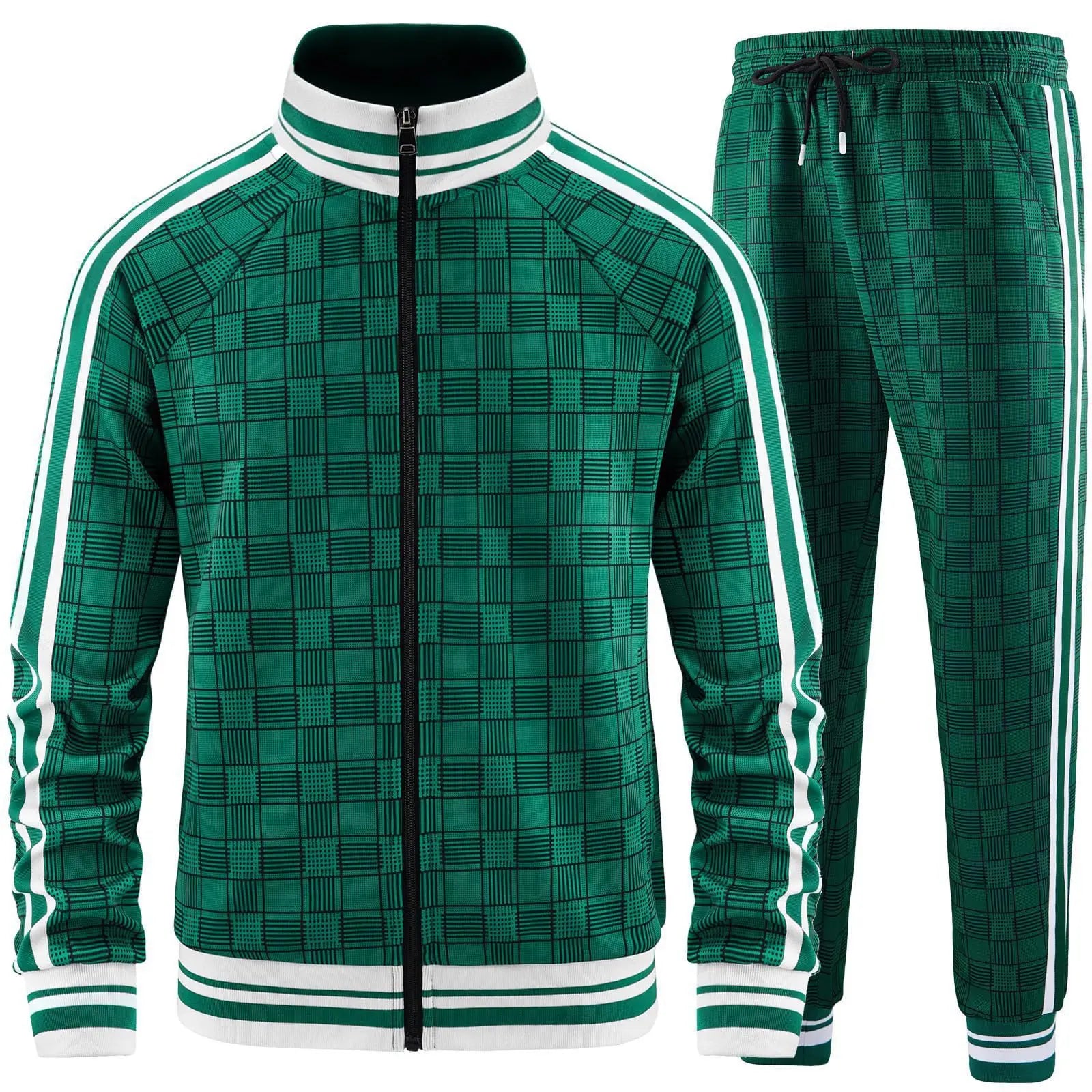 New Spring Autumn Plaid Printed Mens Zipper Jacket Sports Wear Sweatshirt Casual Outdoor Sports Checks Tracksuit Coat+Pant Set