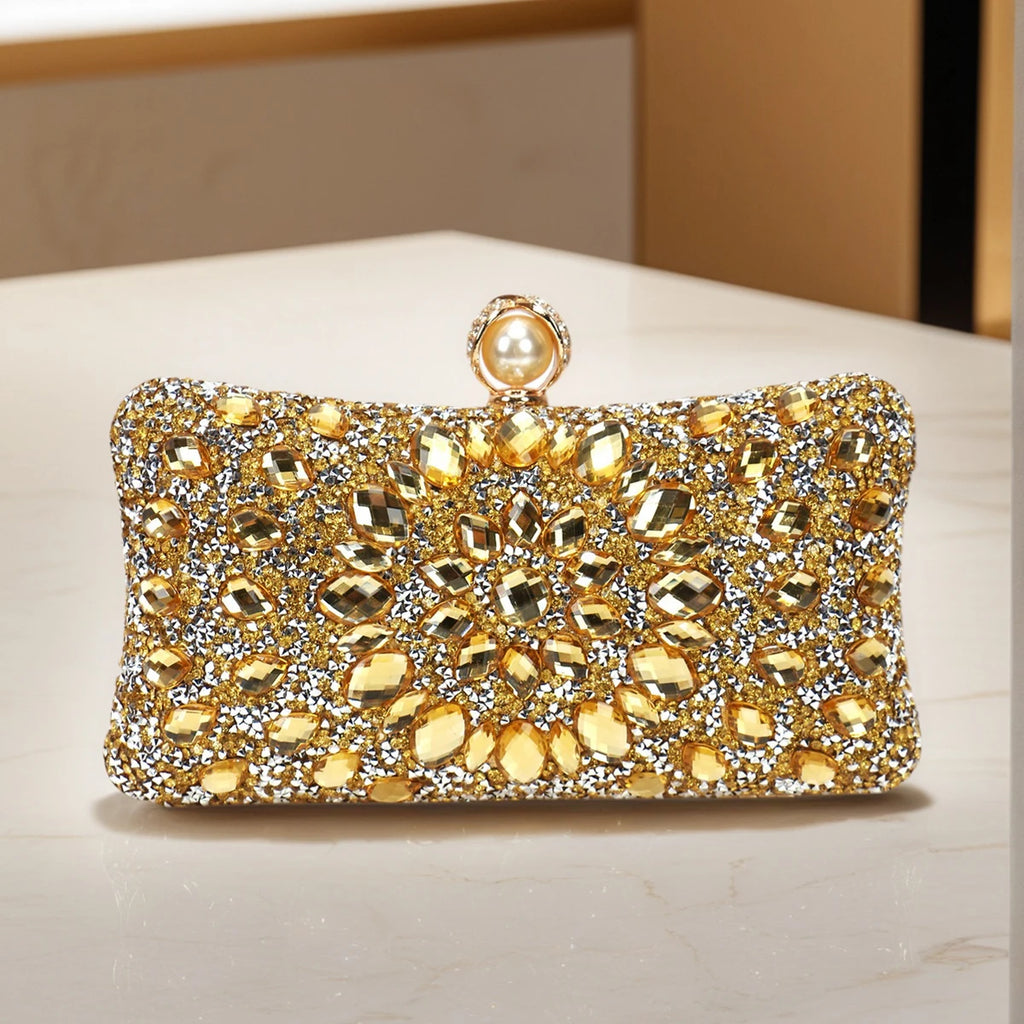 Golden Metal Pearl Rhinestones Glitter Evening Bags Small Lady Prom Dinner Luxury Night Gift Girlfriend Purse Acrylic Diamonds E