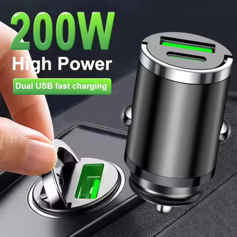 2026 200W mini car charger fast charging for iPhone QC3.0 mini PD USB Type C car mobile phone charger for Xiaomi Samsung Huawei