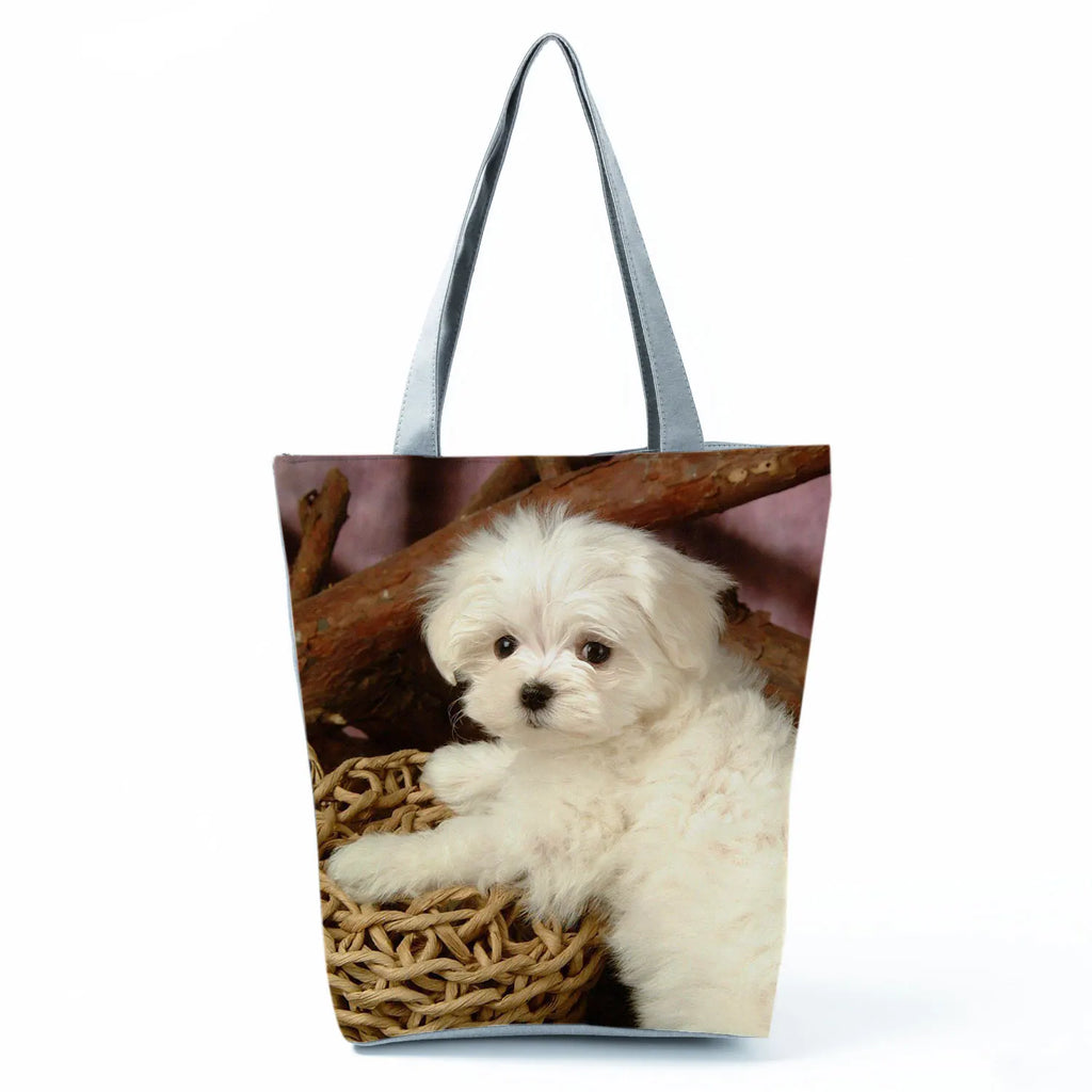 Cute Maltese Dogs Print Handbags Casual Women Shopping Bag Large Capacity Foldable Shoulder Bags Eco Reusable Travel Beach Totes