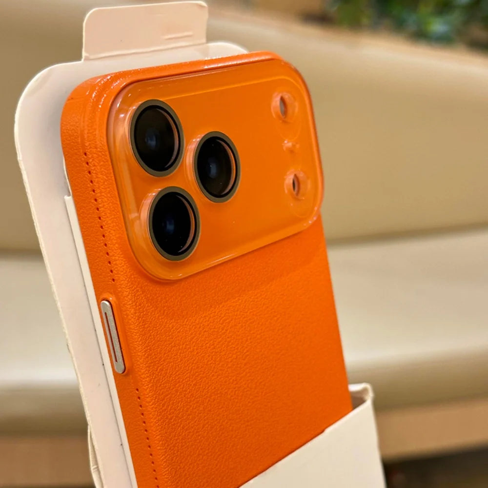Luxury HD Hard Glass Camera Case For iPhone 17 Air 16 15 14 13 12 11 Pro Max Plus Hard PC Leather Texture Armor Shockproof Funda