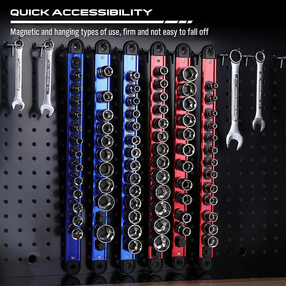 Aluminum Magnetic 360° Swivel Socket Organizer 1/4Inch 3/8Inch 1/2Inch Drive Socket Organizer Rack Premium Clip Rail Holder