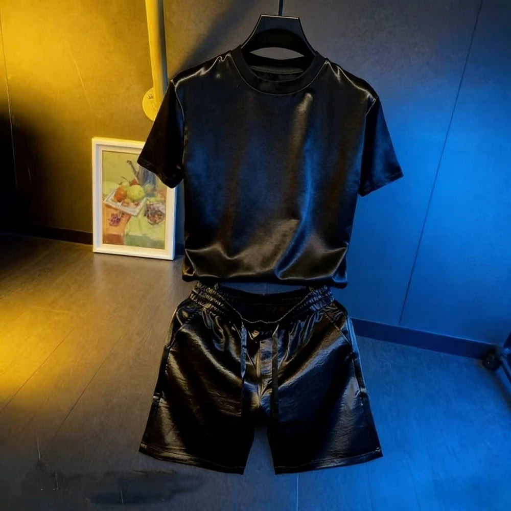 Mens Acetate Fiber Satin Casual T-Shirt Shorts Two-Piece Sets Daily Outdoor Simple Hip-Hop Plain Sets Men'S Clothing 2026 New