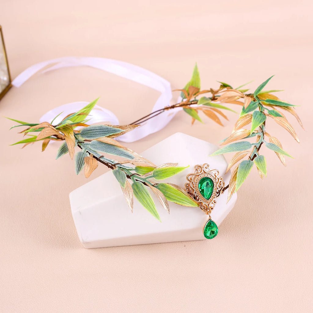 Retro Fairy Leaf Rhinestone Headband Elf Ears Woven Forest Garland Tiara Girl Elven Headpiece for Role-playing Party Costume