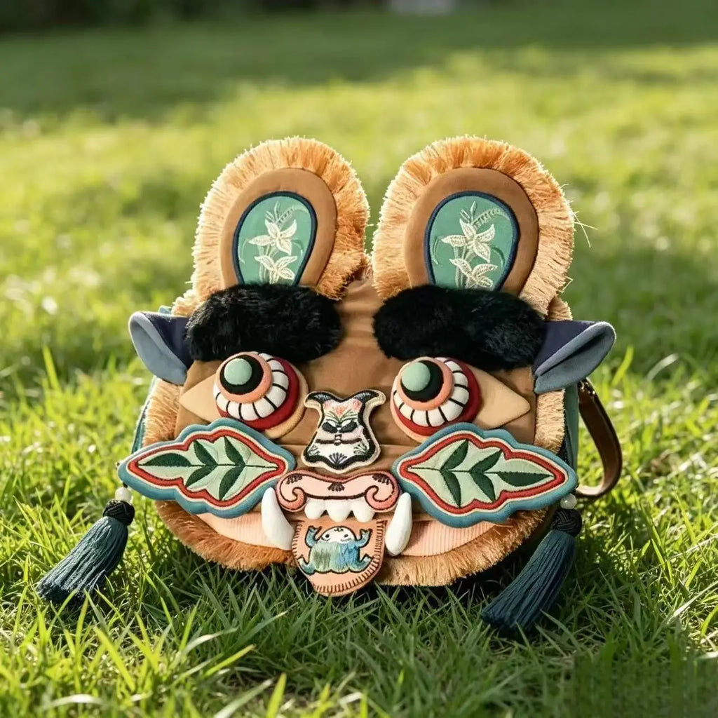 Chinese Folk 3D Tiger Head Crossbody Bag Plush Splicing Embroidered Shoulder Purse Tassel Decor National Trend Handbag for Hanfu