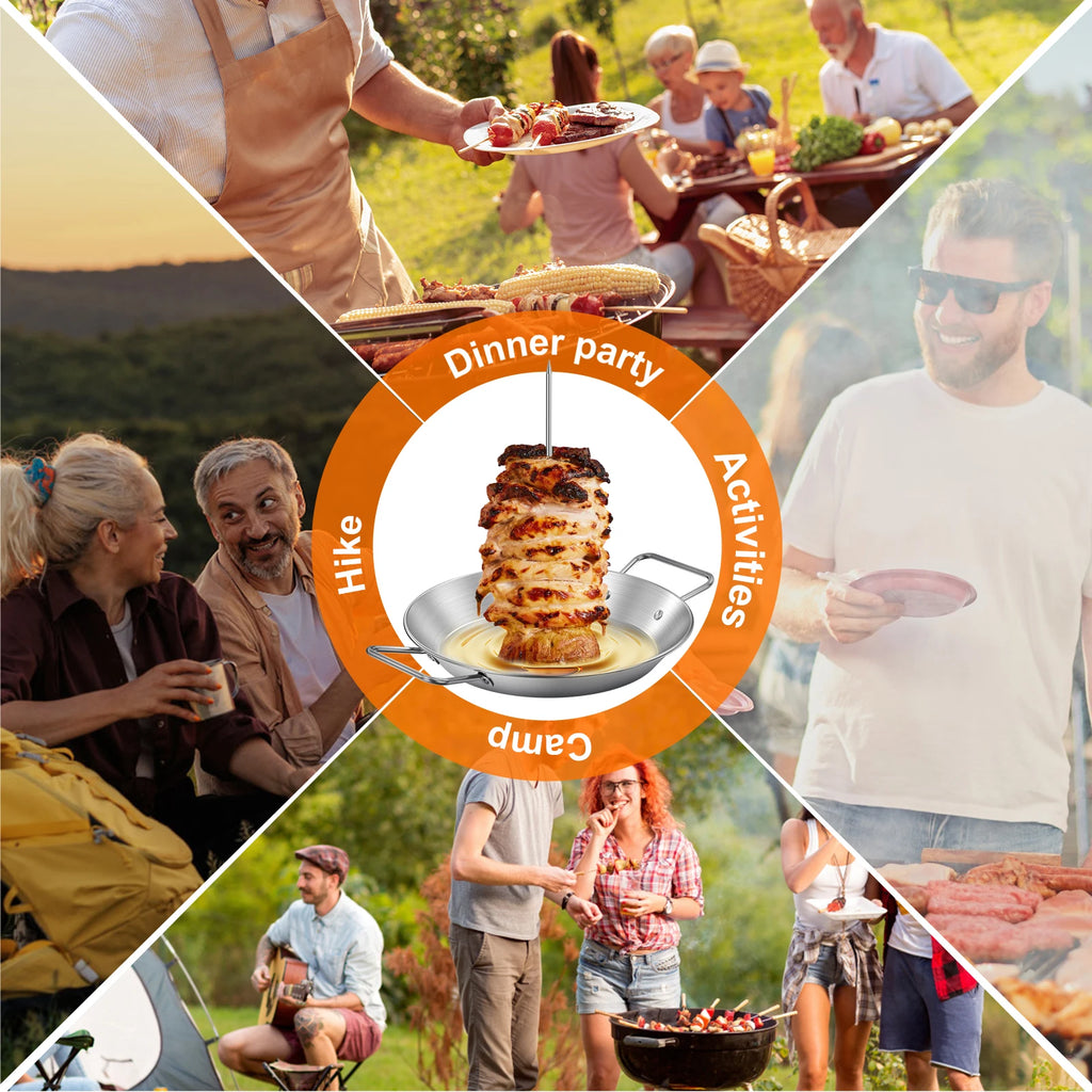 Stainless Steel Vertical Skewer BBQ Heavy Duty Stand Up Barbecue Skewers Roasting Drip Pan Chicken Roaster Rack Outdoor Garden
