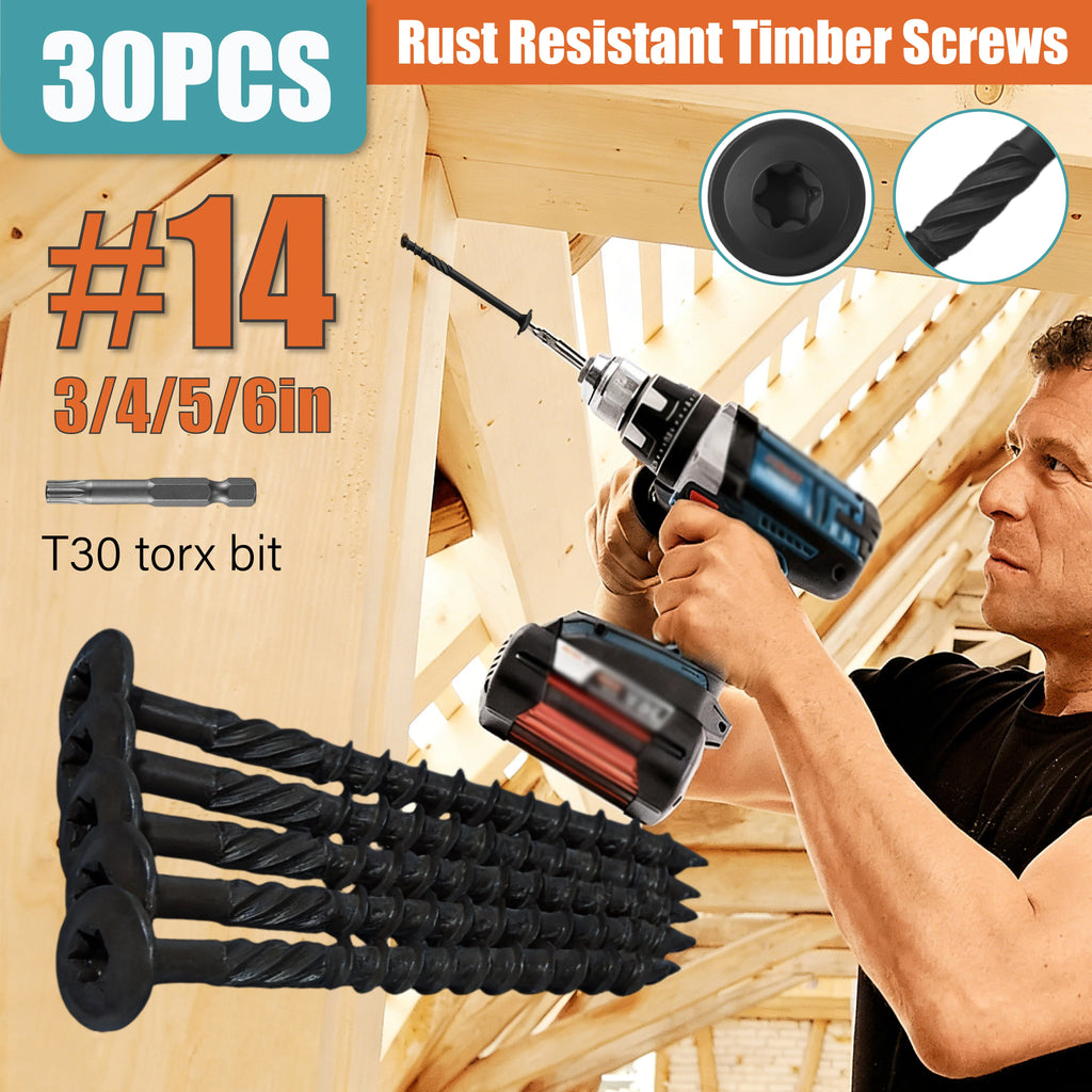 30pcs Heavy Duty Lag Screws - #14×3/4/5/6inch targe Wood Structural Screws with Oxide Coating, With 1pcs Star Drive bit & Self-Locking, Full Thread for Lumber, Black/Yellow,  Ideal for Outdoor, Home And Industrial