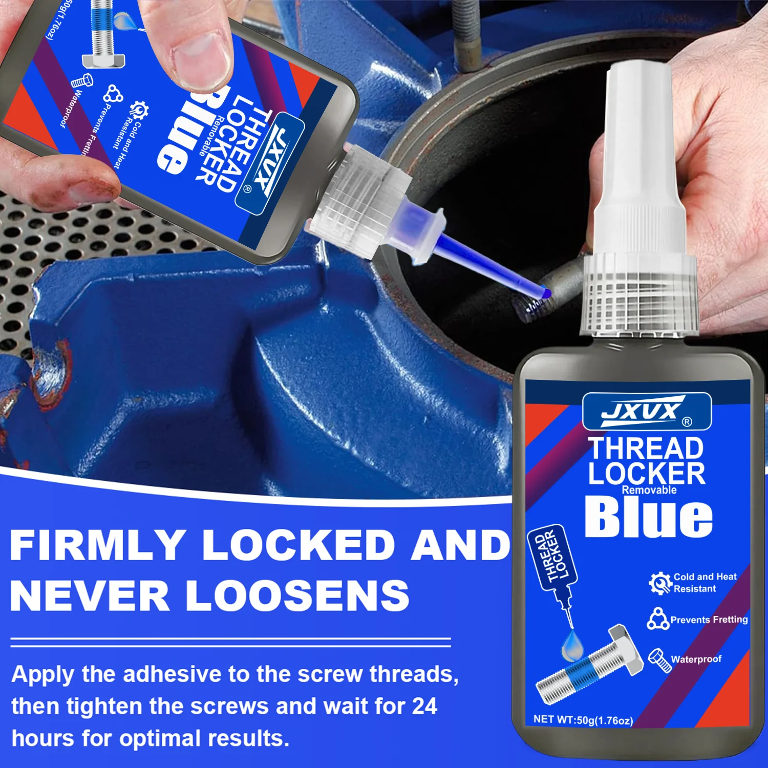 JXVX 50ml Blue Medium Strength Threadlockers, Universal Anaerobic Thread Quickly Cured Adhesives, For All Metal Threaded Components, Removable Waterproof Curing Metal Glue,Rustproof.