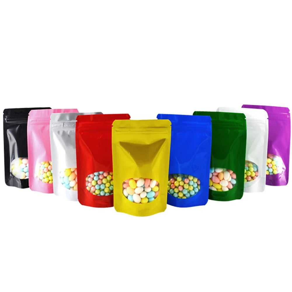 100Pcs Glossy Colors Aluminum Foil Stand Up Zip Lock Pouches with Clear Window Plastic Packaging Bag Gift Snacks Beans
