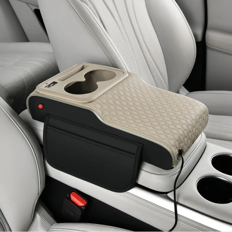 Multifunctional PU Leather Car Cup Holder Armrest Pad with Storage Pockets Soft Comfortable for Phone Charging and Support