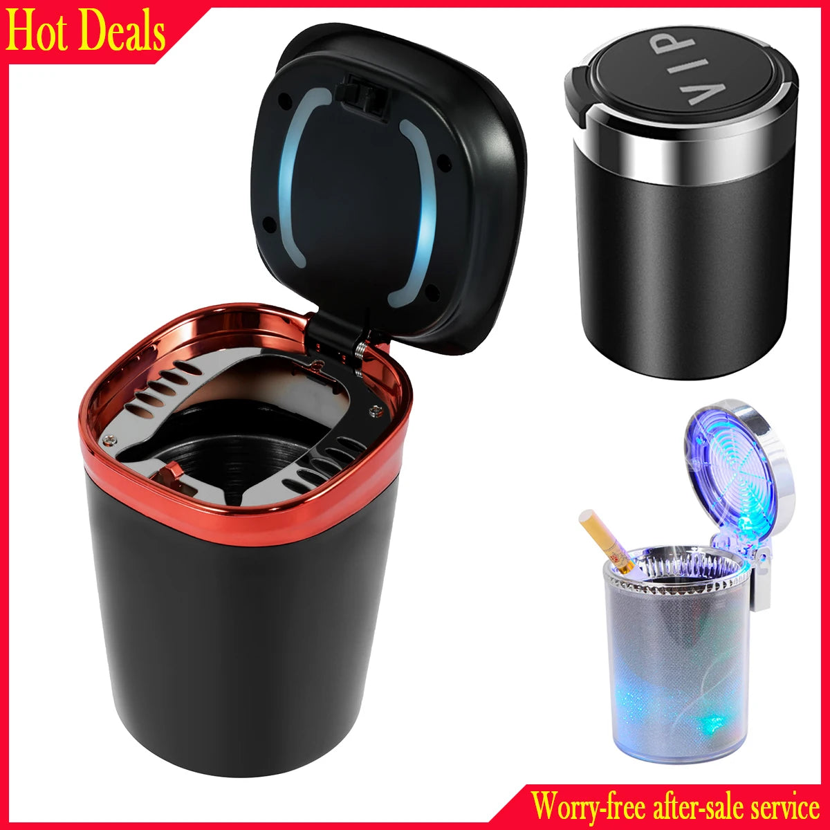 Car Ashtray Cup with Lid Anti-Odor Stainless Steel LED Light One-Click Open Car Ashtray Portable Removable Fireproof