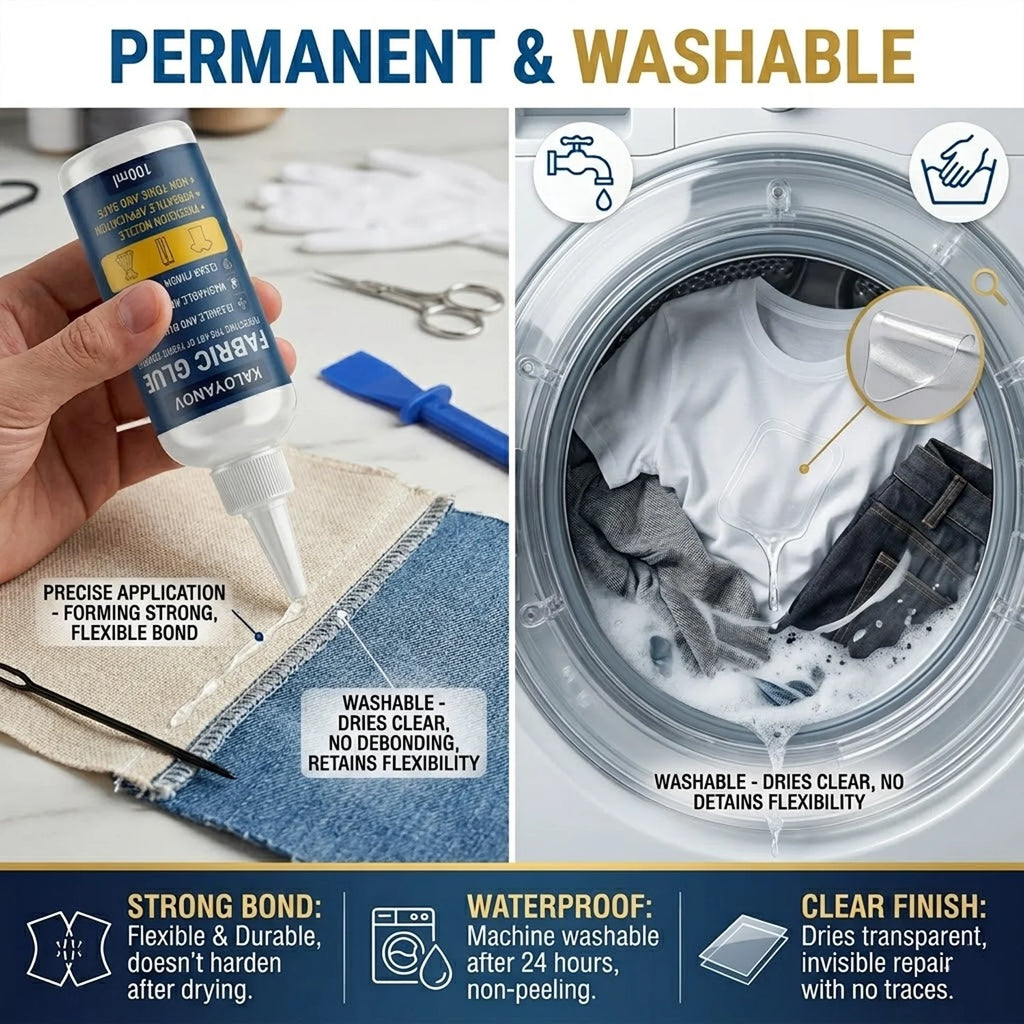 100ml Fabric Glue Set Washable Waterproof Permanent Clear Adhesive with Scraper Clips Gloves for Clothes Denim DIY Repair No Sew