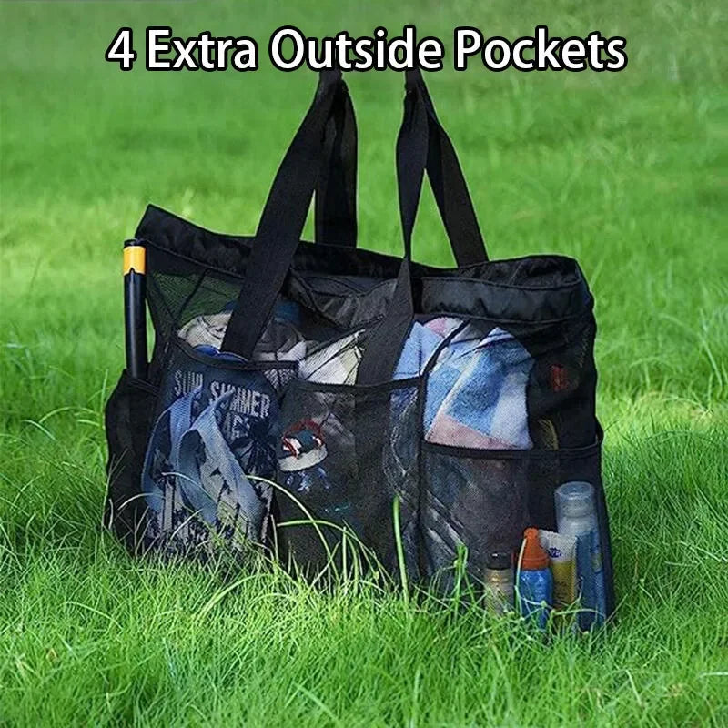 1pcs  Extra Large Beach Bag - Lightweight, waterproof, foldable, with mesh straps, zippered pockets and fixed shoulder straps