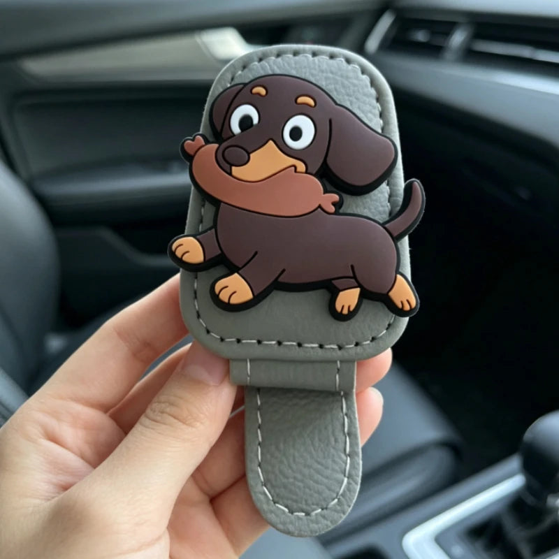 Cute Dachshund Dog Car Sun Visor Sunglasses Holder Multifunctional Ticket Card Clip Lovely Women Car Interior Decor Accessories