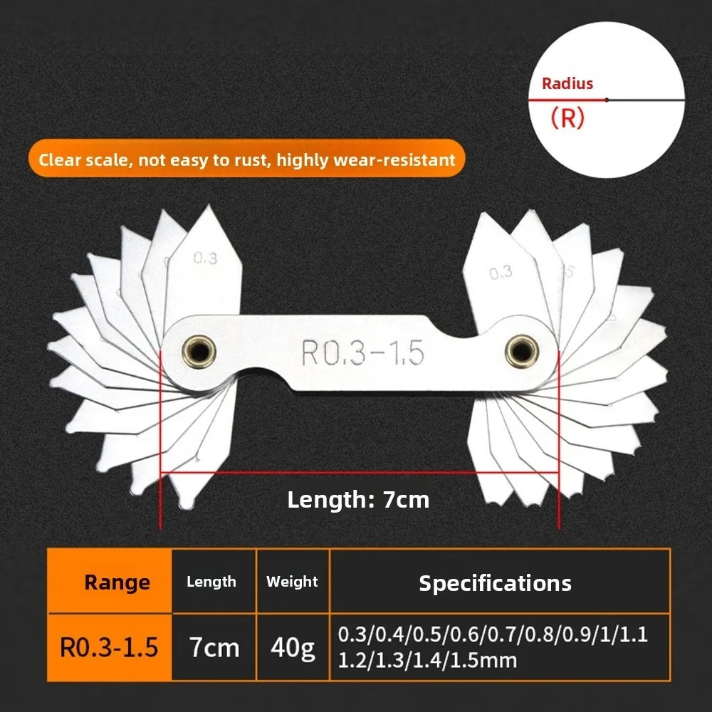 Stainless Steel Radius Gauge R0.3-1.5/R1-7/ R7.5-15/ R15.5-25 Arc Measuring Tool Sample R Gauge Screw Pitch