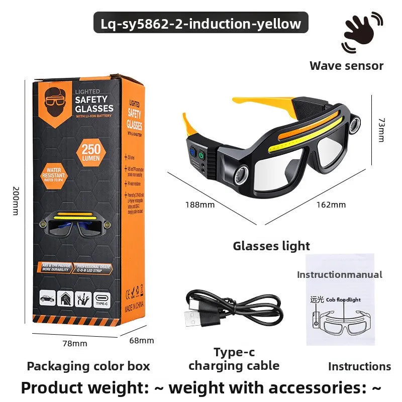 COB LED Glasses Headlamp USB Rechargeable 5 Modes Lightweight 90g Waterproof Head Light for Fishing Cycling Camping Repair Work