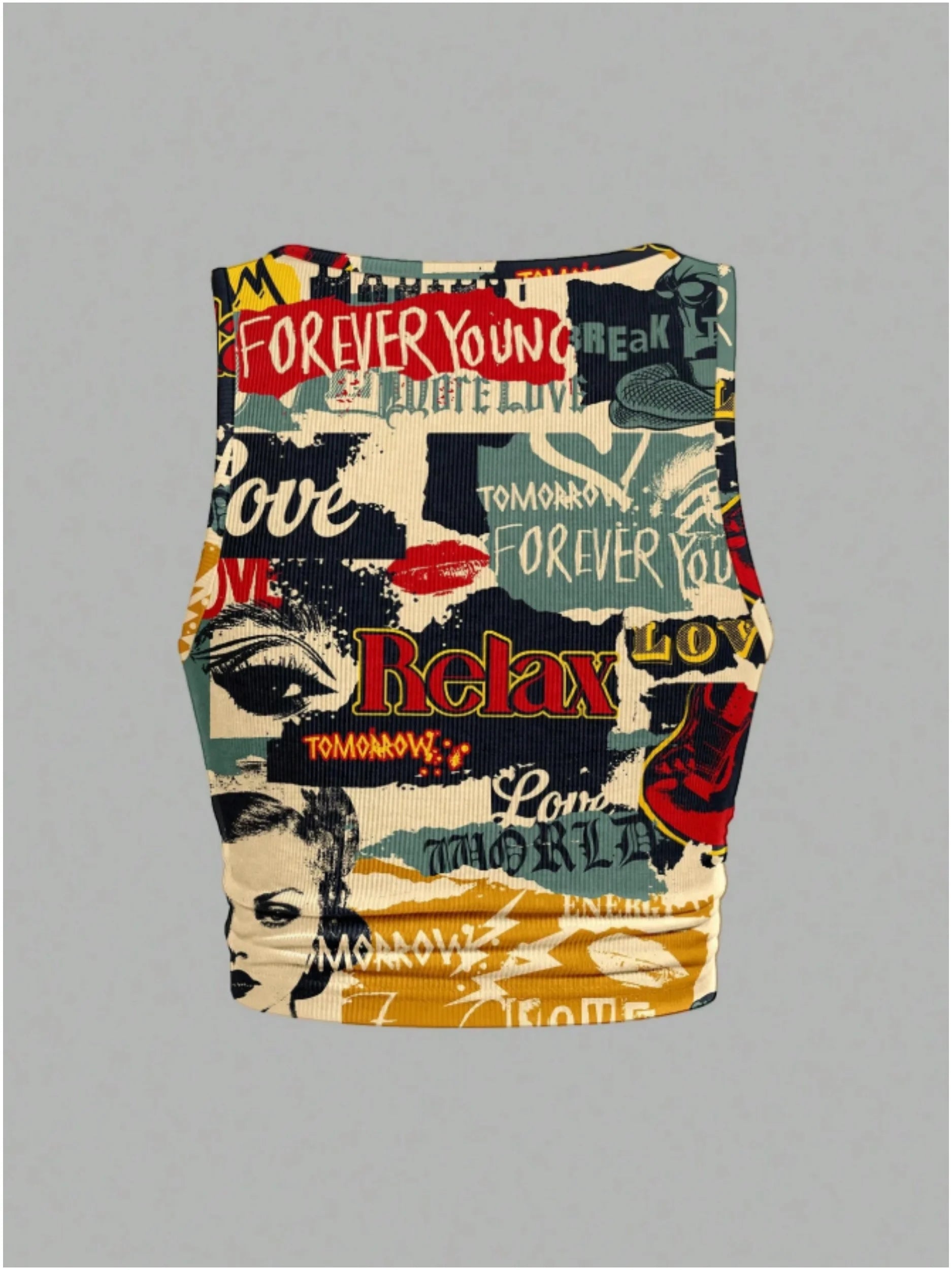 Plus Size Women Vintage Newspaper Collage Graphic Print Notch V Neck Ribbed Sleeveless Crop Tank Top Side Ruched Slim Fit Y2K St