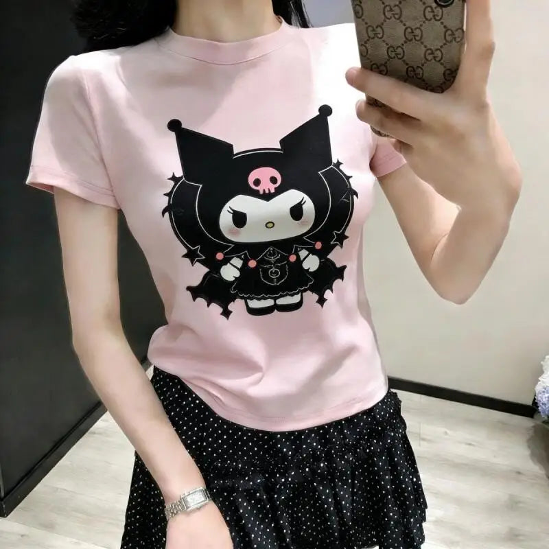 Short-Sleeved T-Shirt Kuromi Women's 2026 New Summer Sanrio Printed Senior Age-Reducing Tops Cotton White Cartoon Print Cute