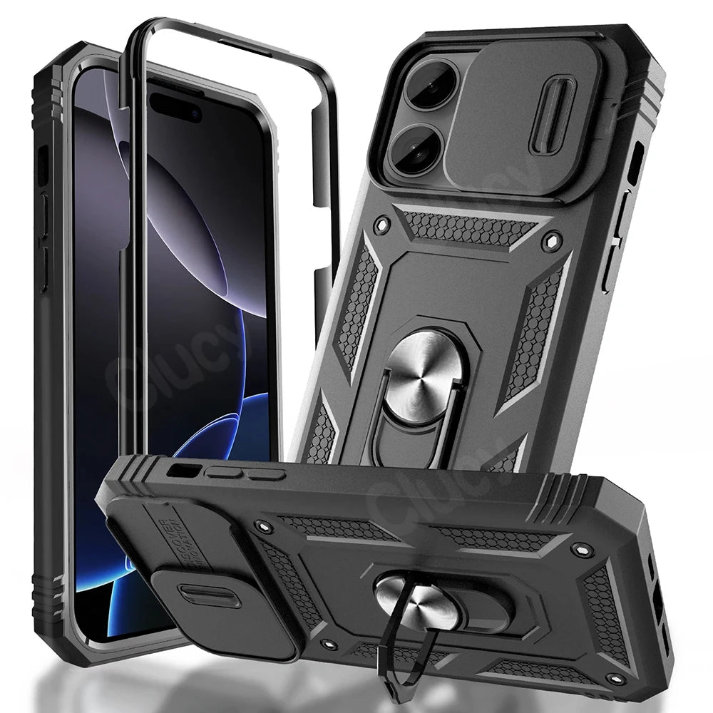 Case For iPhone 16 15 14 Pro Max 13 12 11 Pro Plus 360 Full Body Rugged Protective Slide Camera Stand Protection Ring Cover