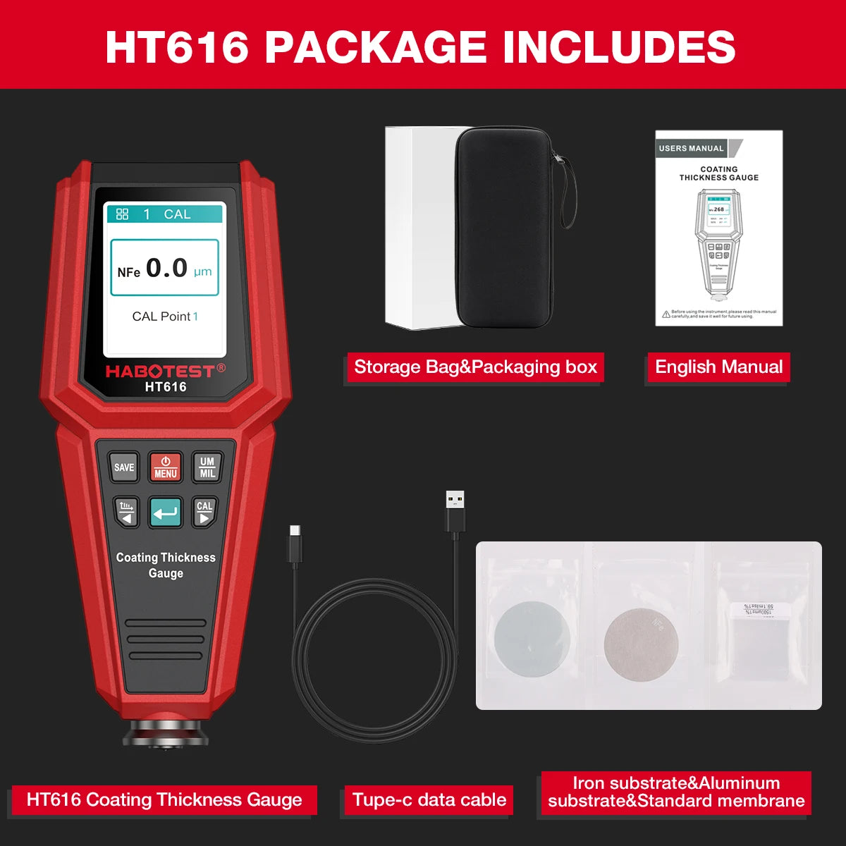 HABOTEST HT616 Car Paint Thickness Gauge 0.1 Micron 0-1500UM Fe&NFe Data Paint Thickness Tester Coating Meter Automotive Tools