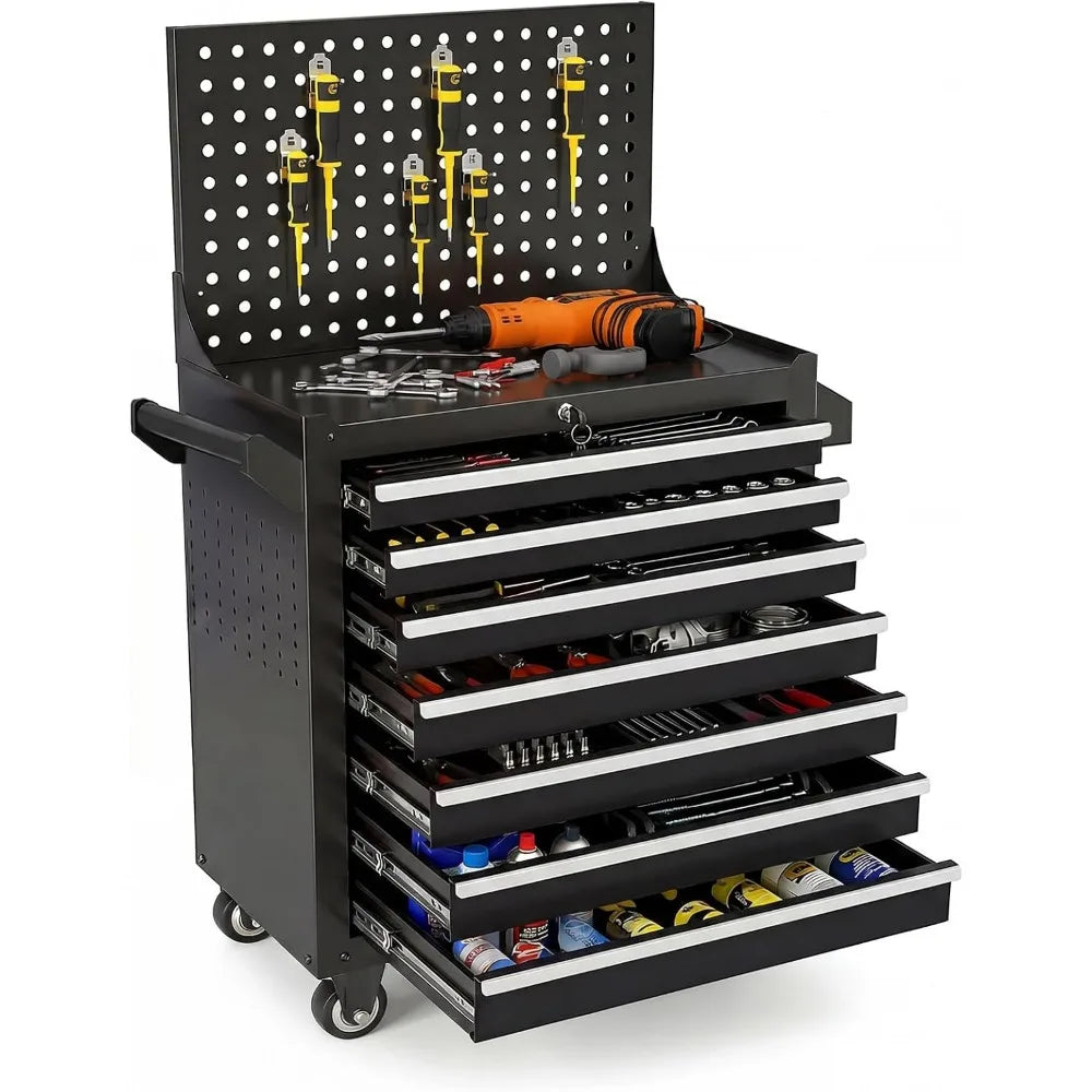 Portable 7-Drawer Metal Tool Chest with Wheels and Lock for Garage and Workshop Storage