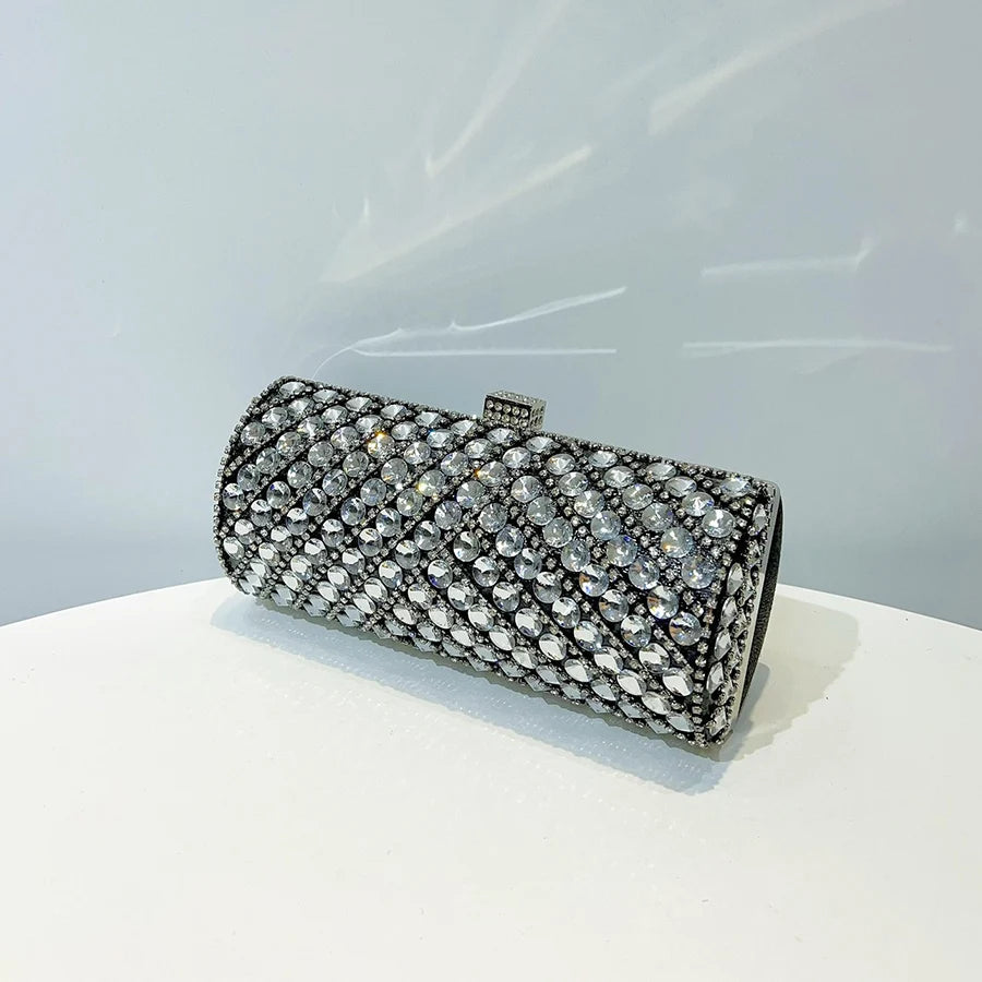 Cylindrical Shape Women Clutch Evening Bag Crystal Bridal Wedding Purse Rhinestones Handbags Chains Crossbody Bags for Women Sac