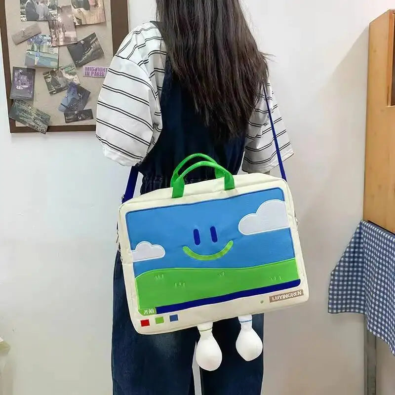 Funny Cartoon Smiling Face Shoulder Bag Casual Computer Protective Student Embroidery Laptop Fashion Big Capacity Versatile Bag
