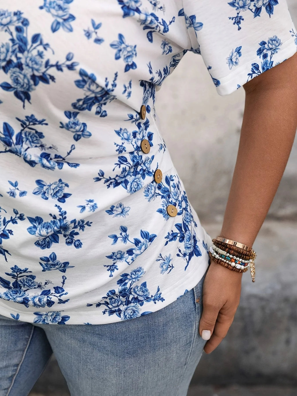 Plus Size Women's White & Blue Floral Print Cold Shoulder Top - Asymmetric Neck Ruffle Sleeve Blouse (0XL-4XL)