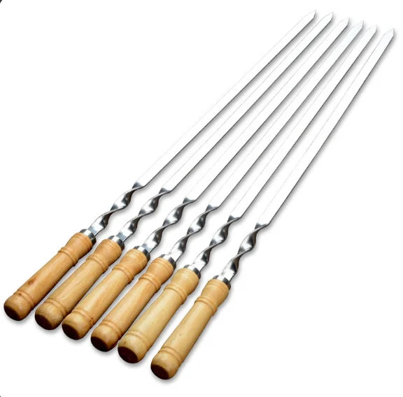 BBQ Skewers 6pcs,Kabob Skewers Flat with Wood Handle,Stainless Steel Kebab Forks for Grilling Shrimp Chicken Vegetable