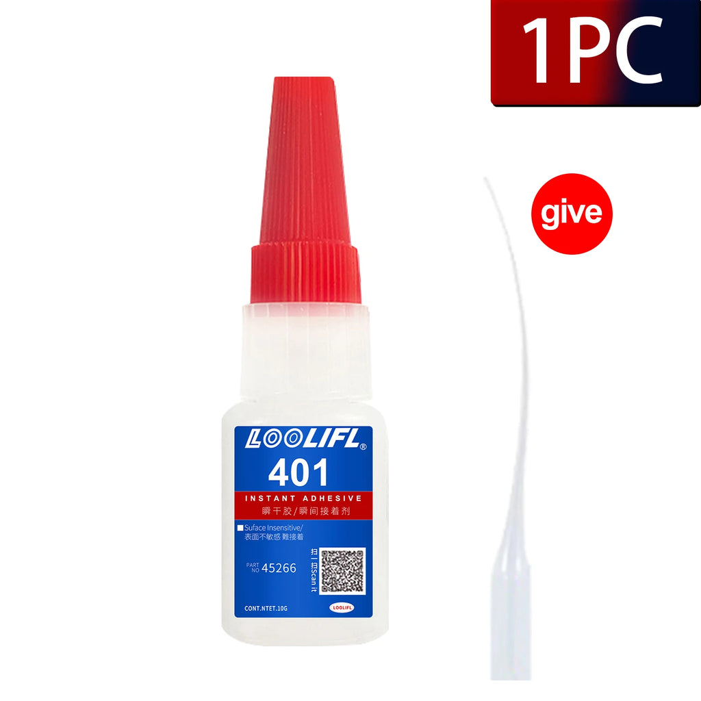 6PCS 401 Super Glue Instant Quick-drying Cyanoacrylate Adhesive Leather Rubber Glass Wood Metal Strong Bond Liquid Glue Tool 10g