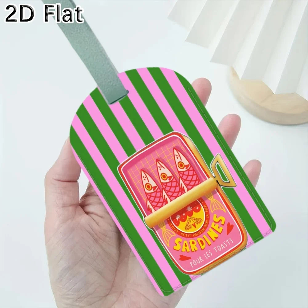 Luggage Tag with Sardine Can Print Pink Green Striped Travel Baggage Label for Suitcase Luggage Identifier Bag Tag Accessories