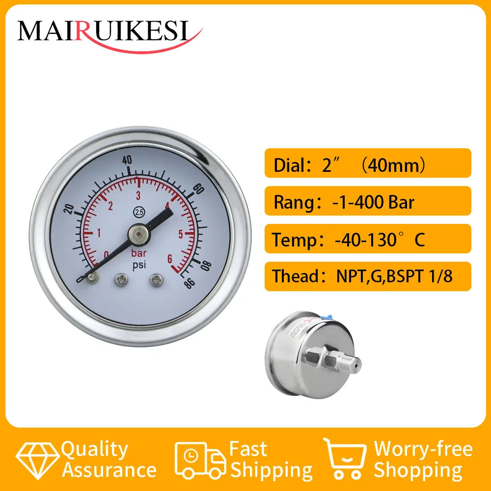 40mm 2.5% accuracy coffee stainless steel  pressure gauges back connection -1-0-400bar water gas air oil hrydrualic manemoter
