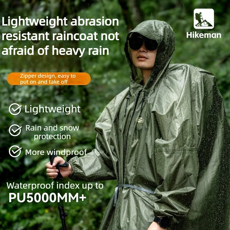 Lightweight Long Outdoor Raincoat PU5000 Waterproof 210T Polyester Poncho Adjustable Hood Fits Backpack Hiking Camping Fishing