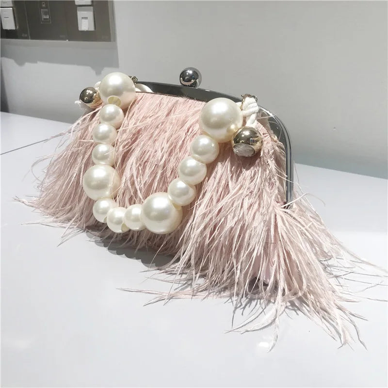 New Ostrich Hair Evening Clip Clutch Bag Fashion Lady Wedding Party Pouch Bag Chain Shoulder Crossbody Ostrich Feather Bag