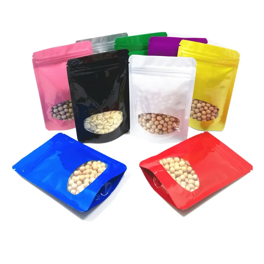 100Pcs Glossy Colors Aluminum Foil Stand Up Zip Lock Pouches with Clear Window Plastic Packaging Bag Gift Snacks Beans