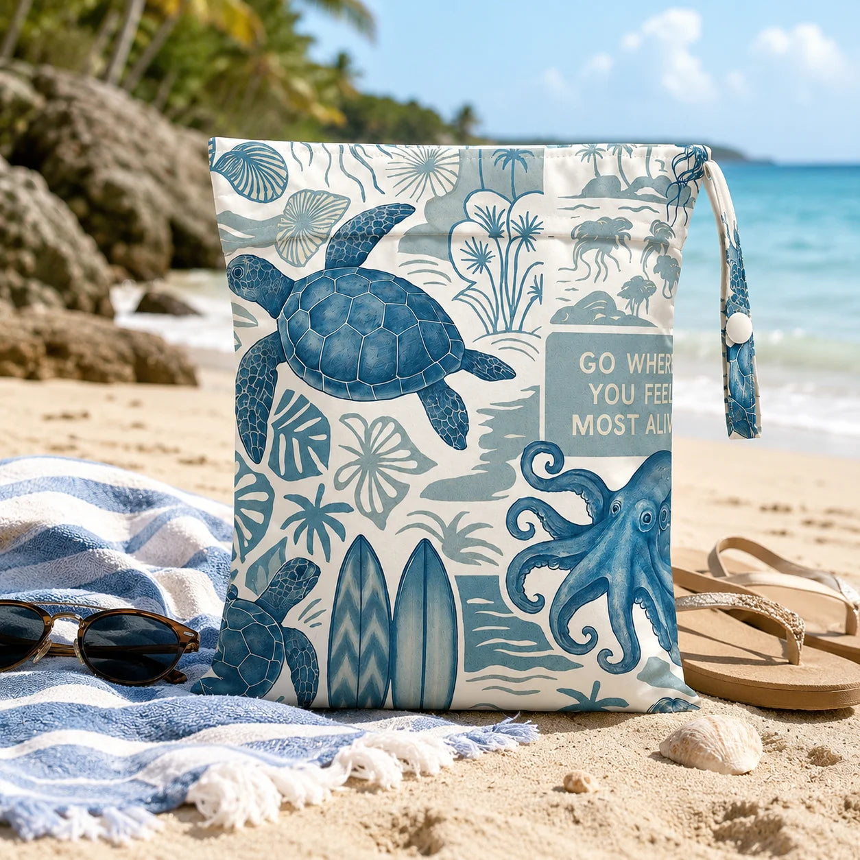 Ocean Turtle Waterproof Wet Dry Bag, Portable Zipper Swim Pouch for Women Travel Beach Pool, Reusable Storage Bag