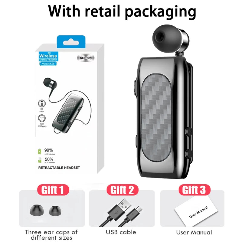 Wireless Bluetooth Headset Clip Ears In Lotus With Wire Headphone  Retractable Wire Stereo Handsfree Earbuds Ear Blues For Phone