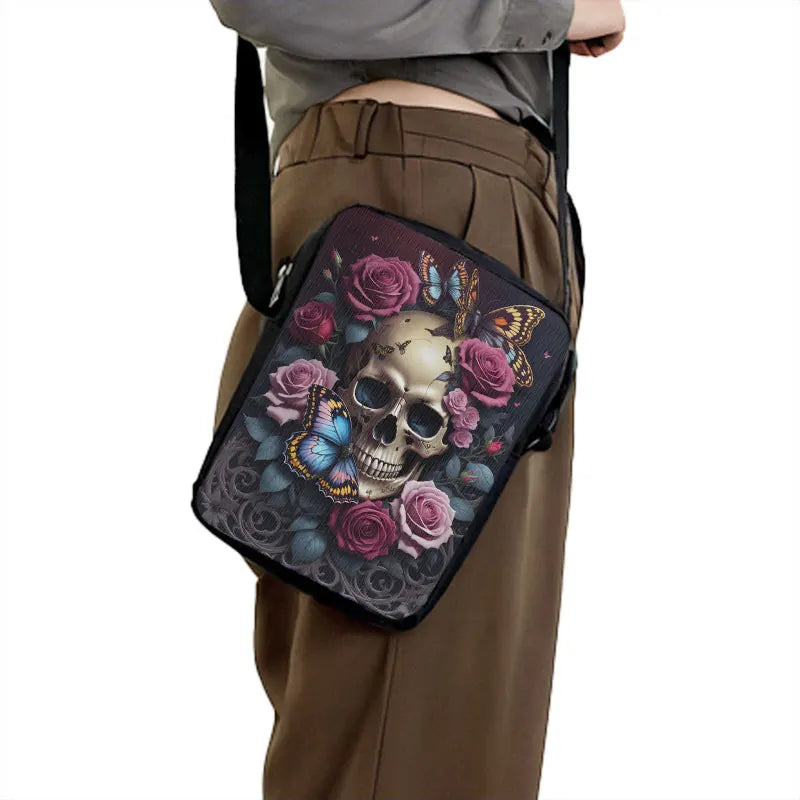 Skull Rose Butterfly Print Crossbody Bag Women Shoulder Bags for Travel Handbags Phone Holder Student Messenger Bags Gift