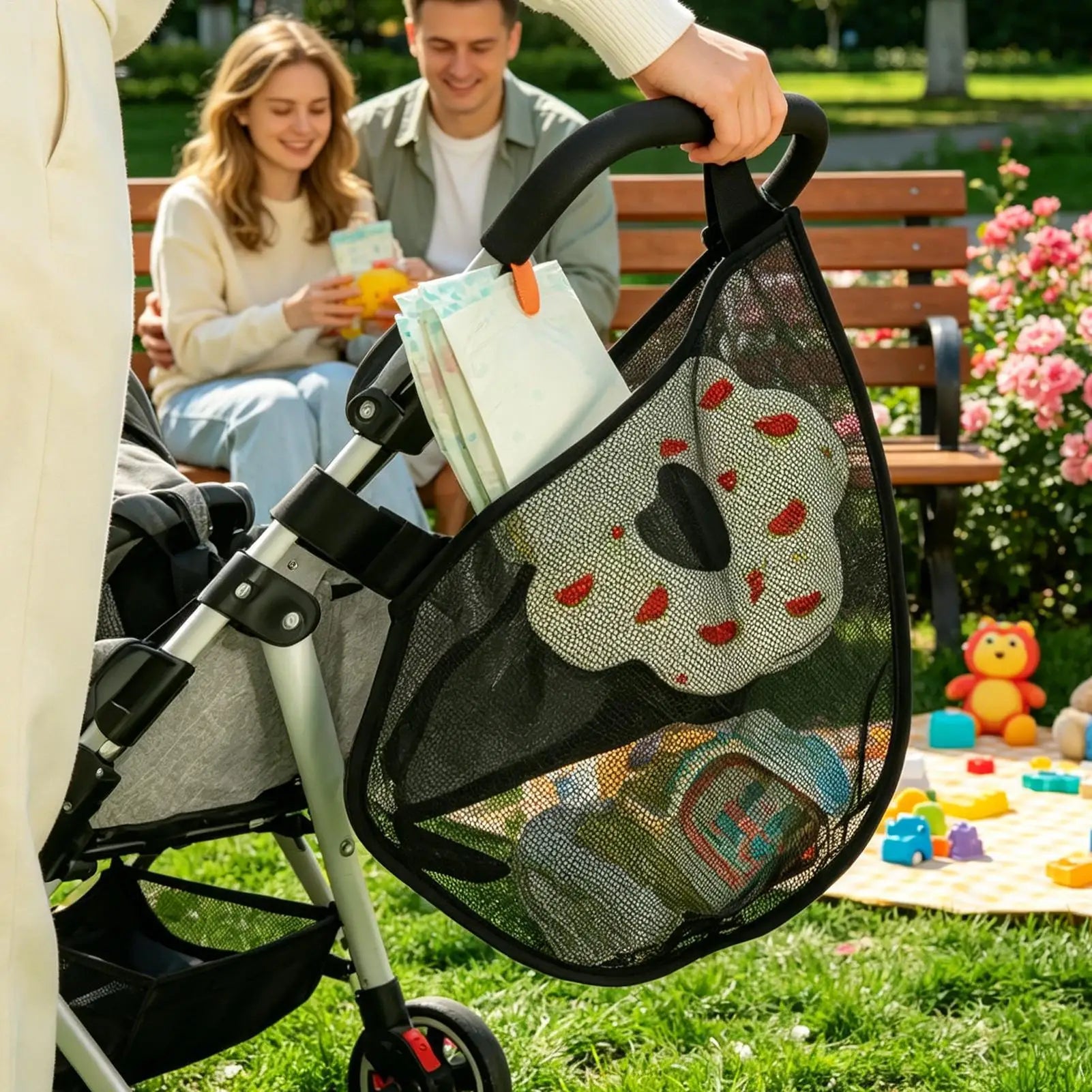 Adjustable Straps Universal Non Slip Stroller Sling Side Cargo Net for Travel Walking Camping Picnic Snacks Toys Diapers Bottles