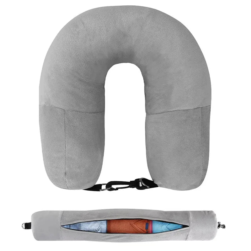 Travel Neck Pillow With Fillable Clothing U-Shaped Pillowcase, Extra Storage Bag, Velvet Neck Pillow Cover For Airplane Travel